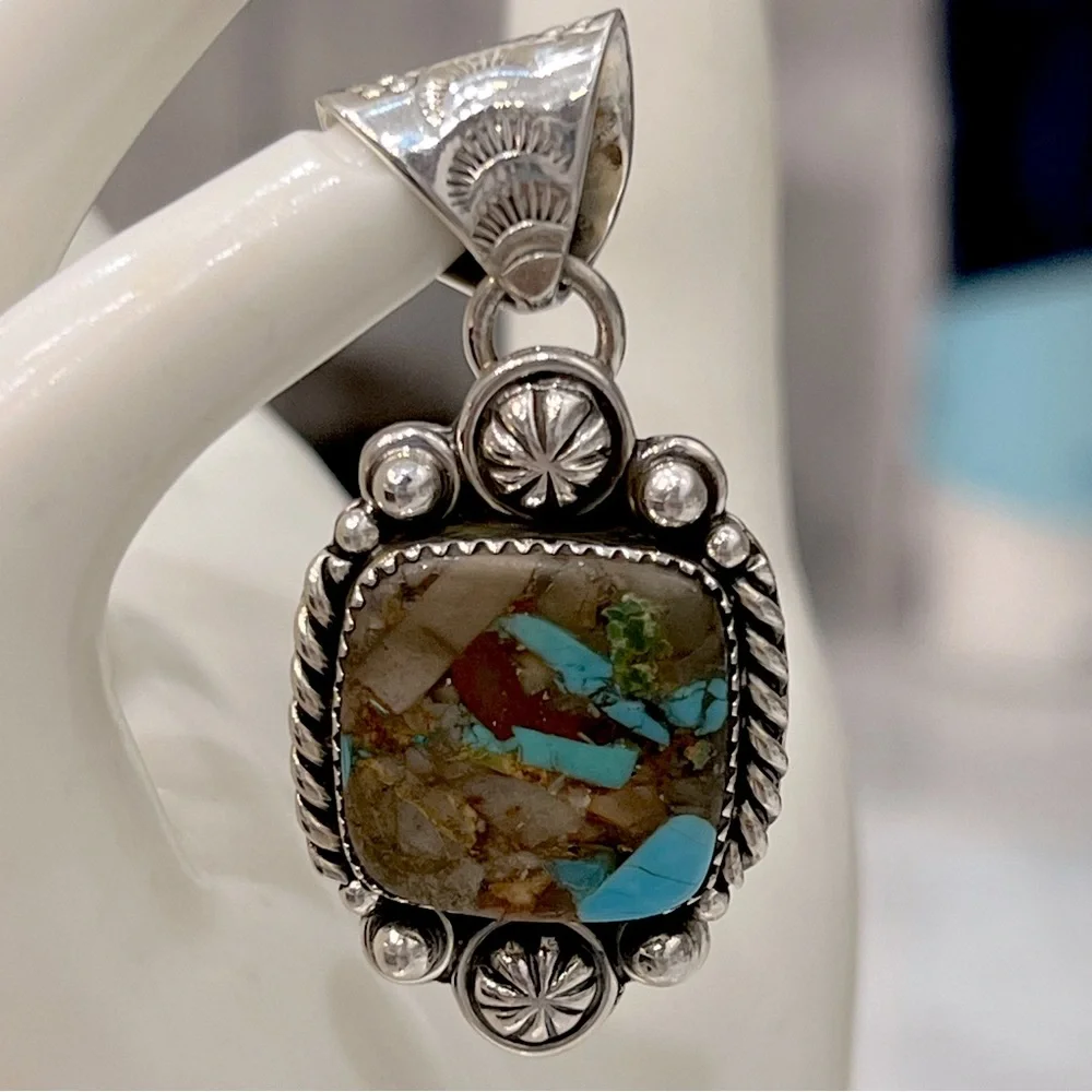 Sterling Silver Turquoise Large Pendant with Loop Choker - Picture 2 of 16